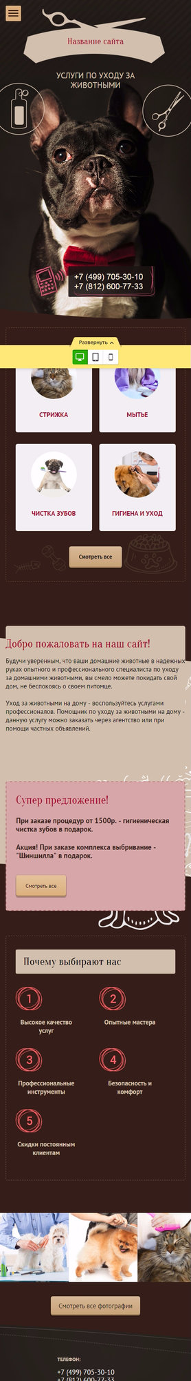 Готовый Сайт-Бизнес № 1465329 - Услуги по уходу за животными (Мобильная версия)